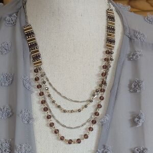 NWT J. Jill Elegant Silver, Gray, & Burgundy Rose Glass Beaded Layered Necklace